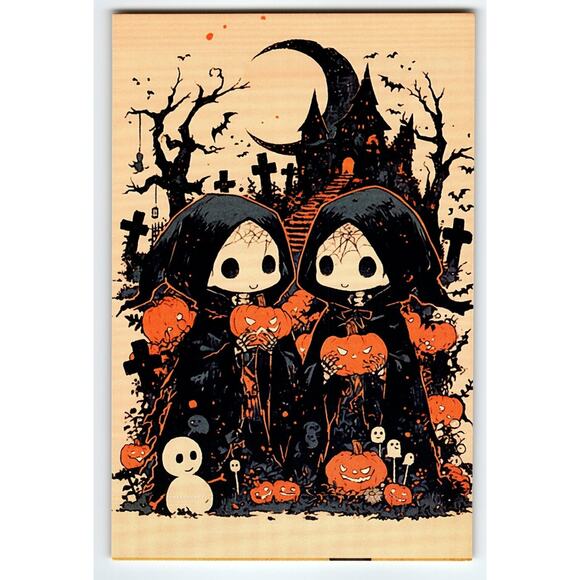 Cute Halloween Postcard with Twin Grim Reapers & Pumpkins 5.5x4" - Picture 1 of 2